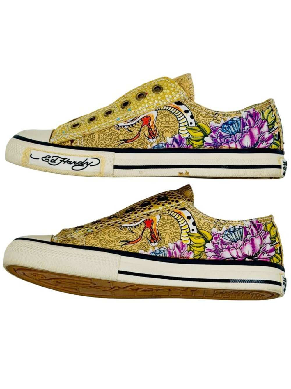 Vtg Y2K Ed Hardy Yellow Canvas Sneakers| McBling Grunge Sleaze Baddie Streetwear - Picture 2 of 16